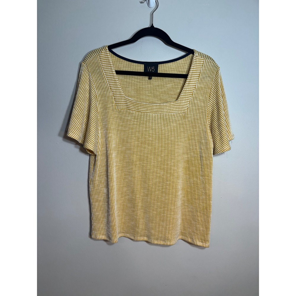 W5 Womens Mustard Yellow White Striped Square Neck Ribbed Flutter Sleeve‎ Top L